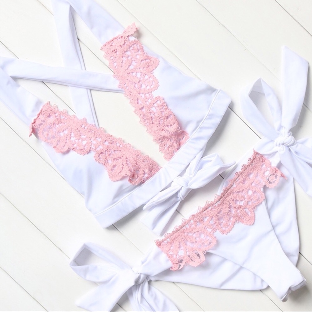 LAST 1💗HOT SEXY WHITE TIE BIKINI WITH PINK LACE - Picture 3 of 8